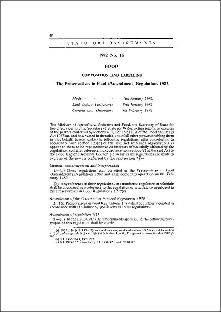 The Preservatives in Food (Amendment) Regulations 1982