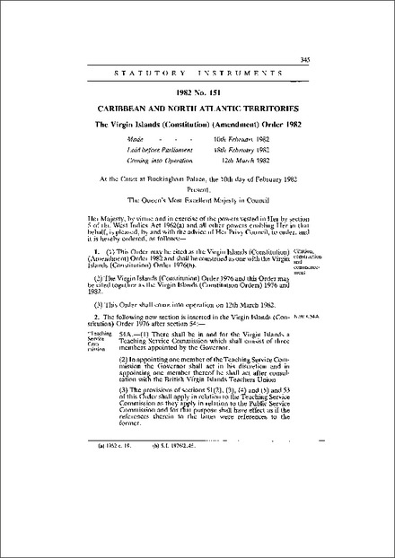 The Virgin Islands (Constitution) (Amendment) Order 1982