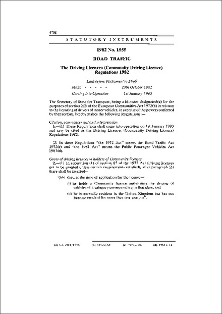 The Driving Licences (Community Driving Licence) Regulations 1982