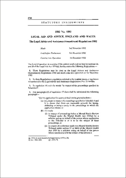The Legal Advice and Assistance (Amendment) Regulations 1982