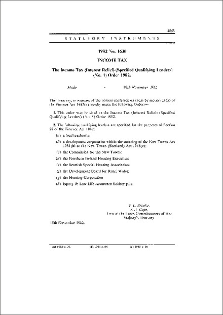 The Income Tax (Interest Relief) (Specified Qualifying Lenders) (No. 1) Order 1982