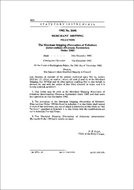 The Merchant Shipping (Prevention of Pollution) (Intervention) (Overseas Territories) Order 1982