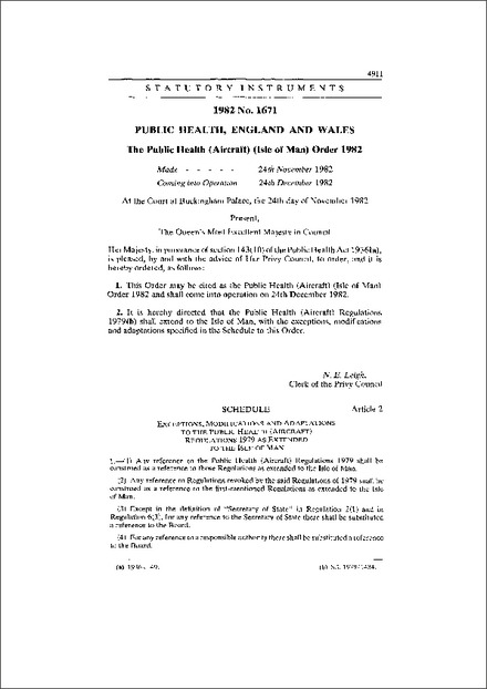 The Public Health (Aircraft) (Isle of Man) Order 1982