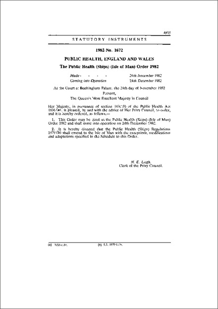 The Public Health (Ships) (Isle of Man) Order 1982