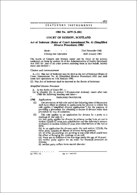 Act of Sederunt (Rules of Court Amendment No. 6) (Simplified Divorce Procedure) 1982