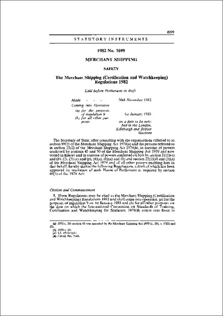 The Merchant Shipping (Certification and Watchkeeping) Regulations 1982