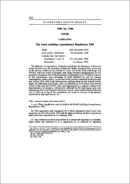 The Food Labelling (Amendment) Regulations 1982