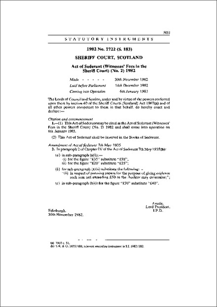 Act of Sederunt (Witnesses' Fees in the Sheriff Court) (No. 2) 1982
