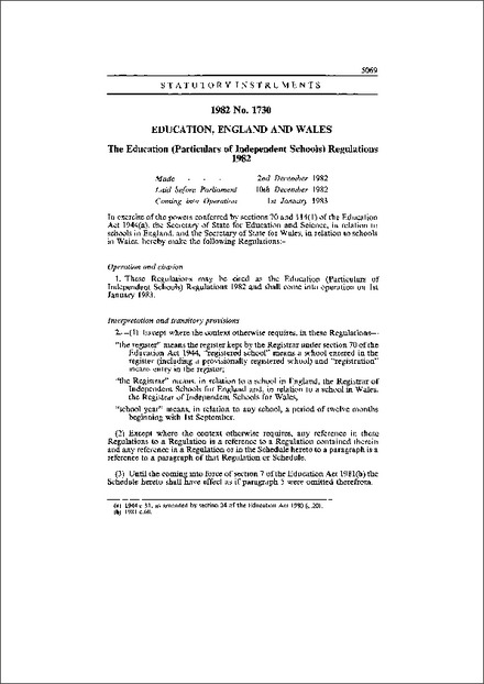 The Education (Particulars of Independent Schools) Regulations 1982