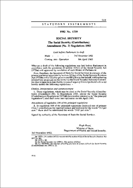 The Social Security (Contributions) Amendment (No. 2) Regulations 1982