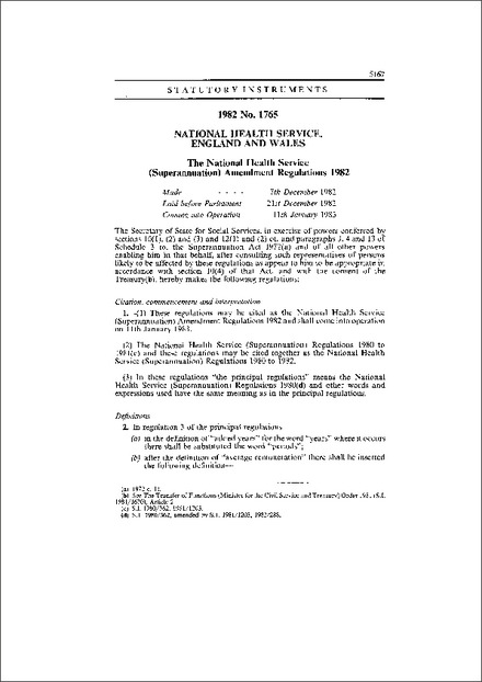 The National Health Service (Superannuation) Amendment Regulations 1982