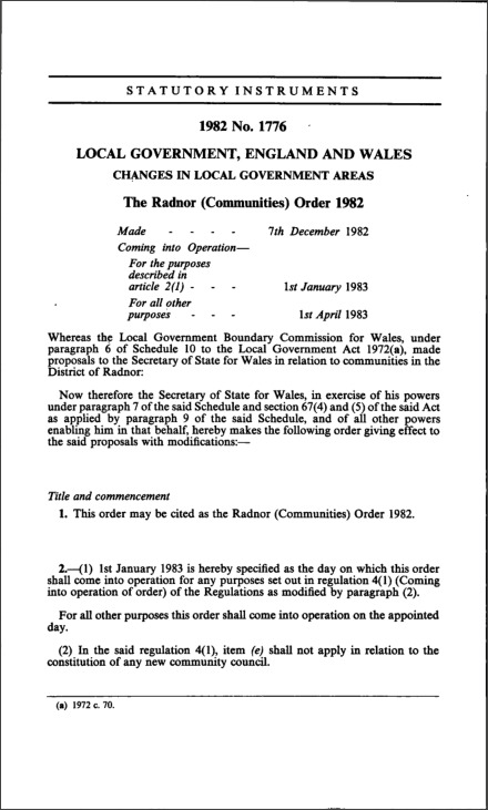 The Radnor (Communities) Order 1982