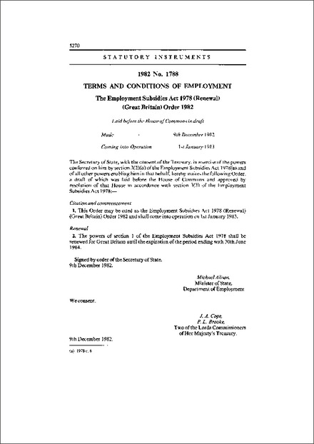 The Employment Subsidies Act 1978 (Renewal) (Great Britain) Order 1982