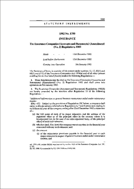 The Insurance Companies (Accounts and Statements) (Amendment) (No. 2) Regulations 1982