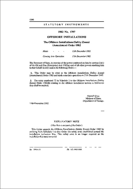 The Offshore Installations (Safety Zones) (Amendment) Order 1982