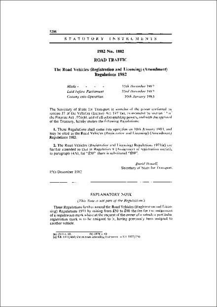 The Road Vehicles (Registration and Licensing) (Amendment) Regulations 1982