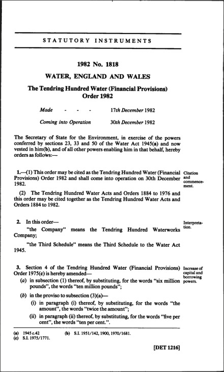 The Tendring Hundred Water (Financial Provisions) Order 1982