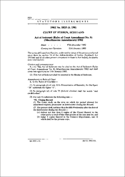 Act of Sederunt (Rules of Court Amendment No. 9) (Miscellaneous Amendments) 1982