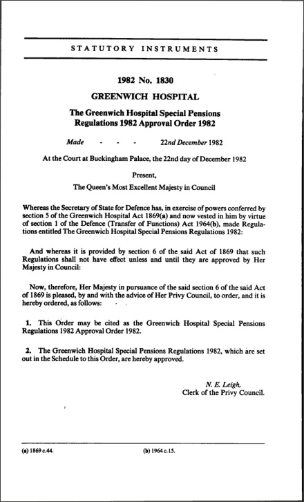 The Greenwich Hospital Special Pensions Regulations 1982 Approval Order 1982