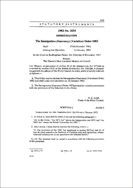 The Immigration (Guernsey) (Variation) Order 1982