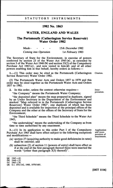 The Portsmouth (Catherington Service Reservoir) Water Order 1982