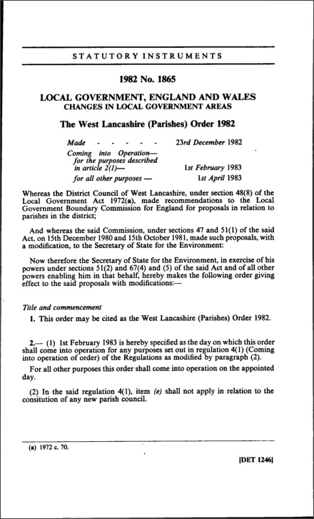 The West Lancashire (Parishes) Order 1982