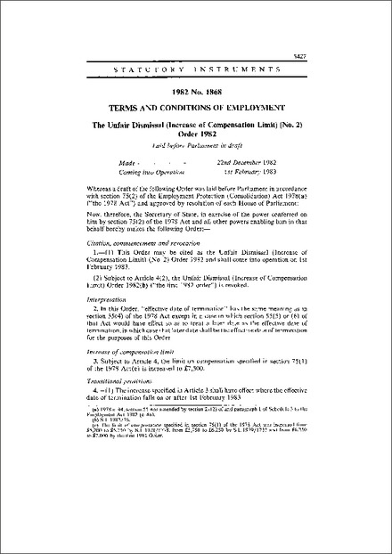 The Unfair Dismissal (Increase of Compensation Limit) (No. 2) Order 1982