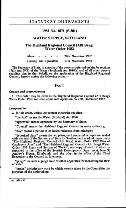 The Highland Regional Council (Allt Beag) Water Order 1982