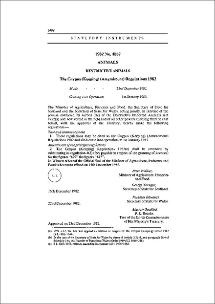 The Coypus (Keeping) (Amendment) Regulations 1982