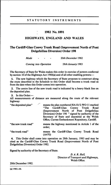 The Cardiff-Glan Conwy Trunk Road (Improvement North of Pont Dolgefeiliau Diversion) Order 1982