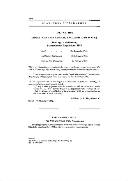 The Legal Aid (General) (Amendment) Regulations 1982