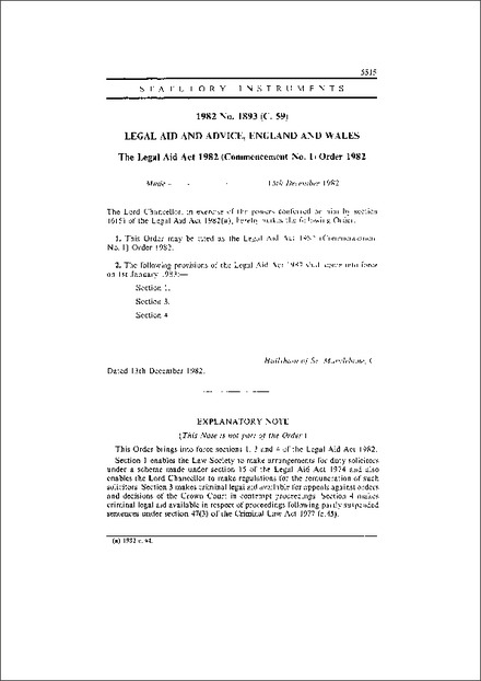 The Legal Aid Act 1982 (Commencement No. 1) Order 1982