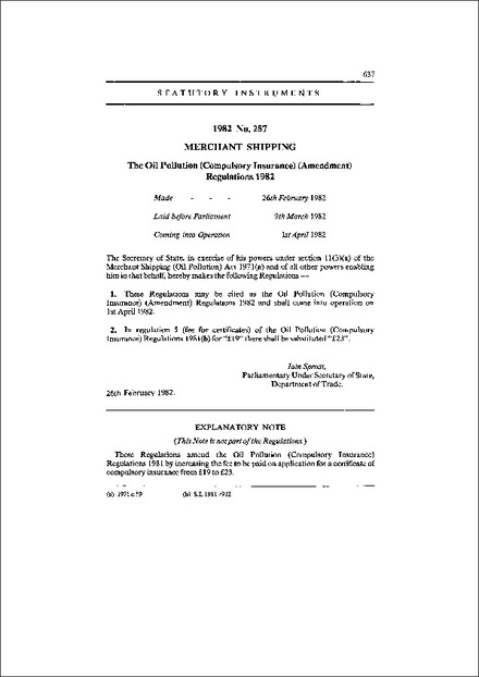 The Oil Pollution (Compulsory Insurance) (Amendment) Regulations 1982