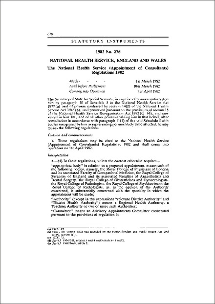 The National Health Service (Appointment of Consultants) Regulations 1982