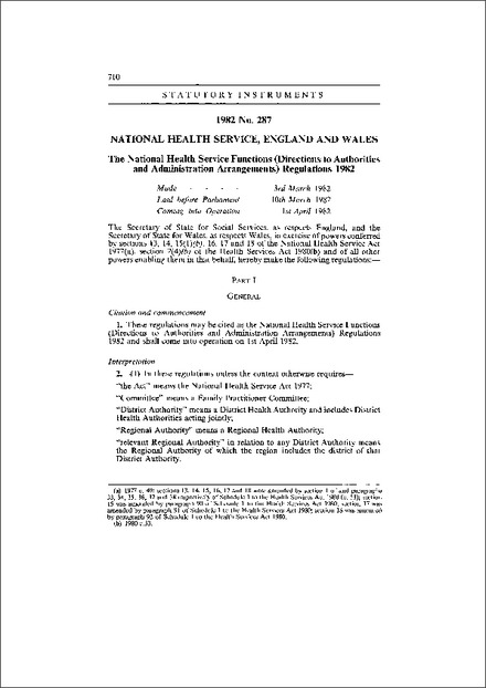 The National Health Service Functions (Directions to Authorities and Administration Arrangements) Regulations 1982