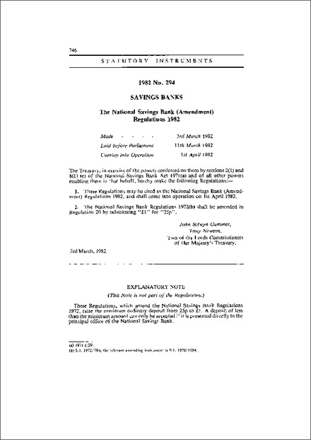 The National Savings Bank (Amendment) Regulations 1982