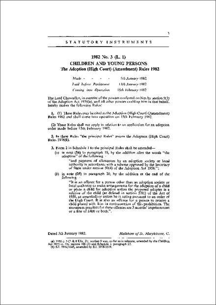 The Adoption (High Court) (Amendment) Rules 1982