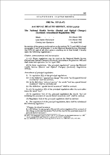 The National Health Service (Dental and Optical Charges) (Scotland) Amendment Regulations 1982