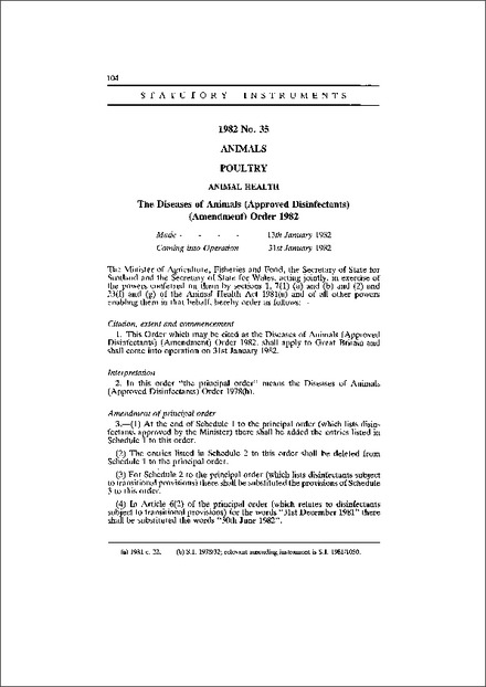 The Diseases of Animals (Approved Disinfectants) (Amendment) Order 1982