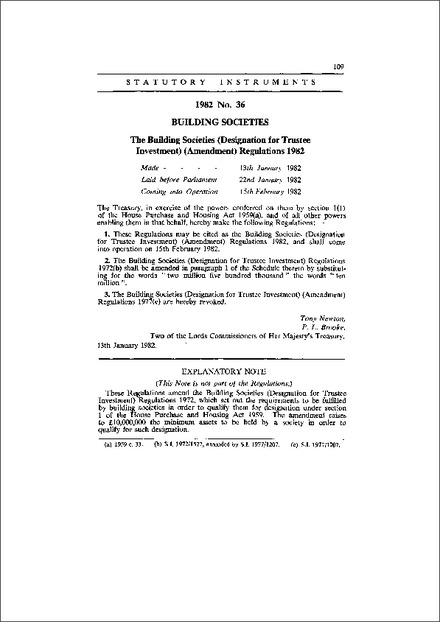 The Building Societies (Designation for Trustee Investment) (Amendment) Regulations 1982