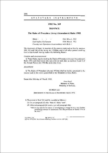 The Rules of Procedure (Army) (Amendment) Rules 1982