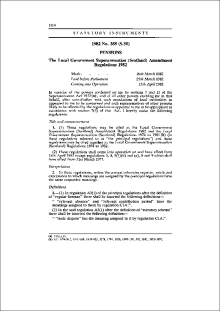 The Local Government Superannuation (Scotland) Amendment Regulations 1982