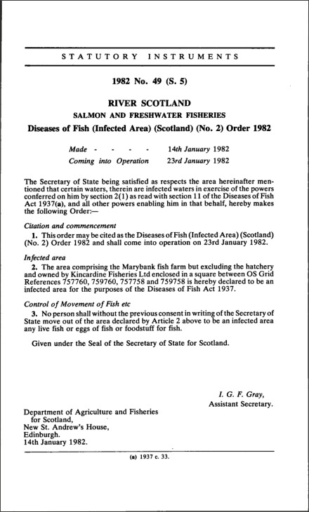 Diseases of Fish (Infected Area) (Scotland) (No. 2) Order 1982