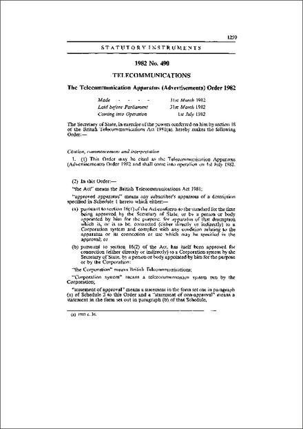 The Telecommunication Apparatus (Advertisements) Order 1982