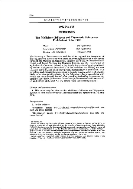 The Medicines (Stilbenes and Thyrostatic Substances Prohibition) Order 1982