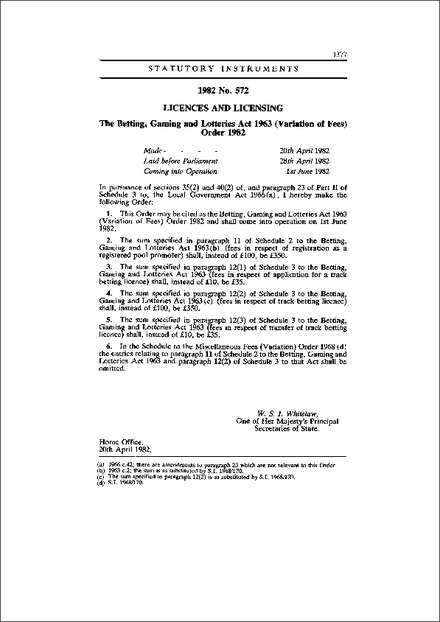 The Betting, Gaming and Lotteries Act 1963 (Variation of Fees) Order 1982