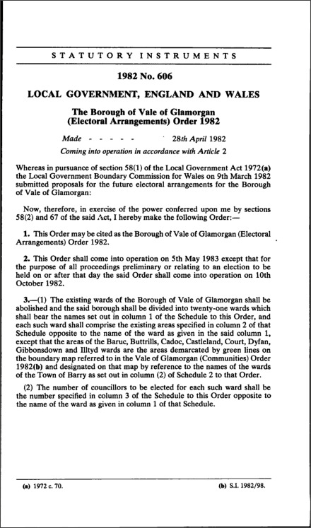The Borough of Vale of Glamorgan (Electoral Arrangements) Order 1982