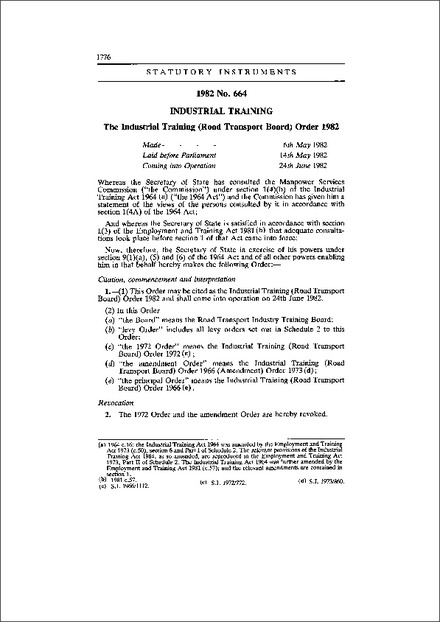 The Industrial Training (Road Transport Board) Order 1982