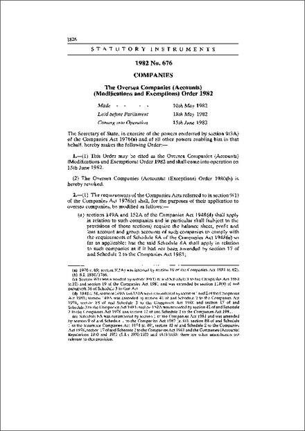 The Oversea Companies (Accounts) (Modifications and Exemptions) Order 1982