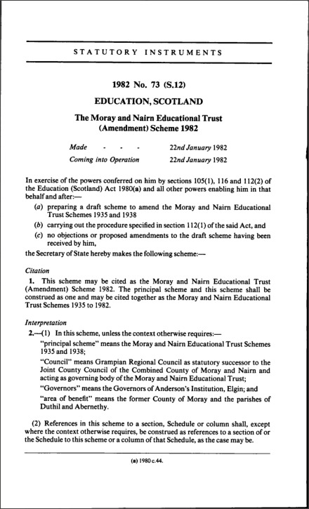 The Moray and Nairn Educational Trust (Amendment) Scheme 1982
